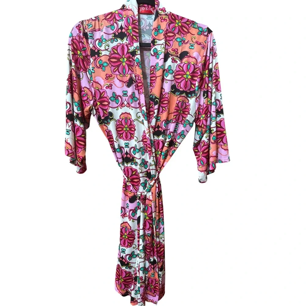 Josie Natori Pink Orange Floral Psychedelic Wrap Robe 3/4 Sleeve 2100